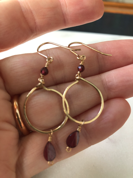 Garnet and Gold Filled Hoop Earrings