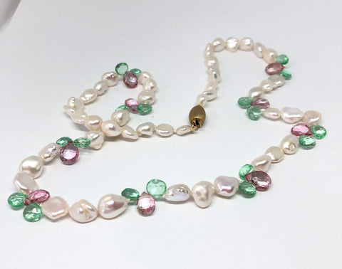 Keshi Pearl Necklace with Pink and Green Topaz