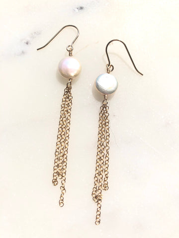 Coin Pearl and Gold Filled Chain Earrings