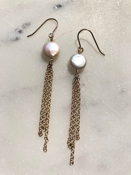 Coin Pearl and Gold Filled Chain Earrings
