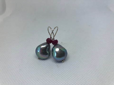 Natural silver/grey Freshwater Baroque Pearl earrings in Ruby and 9kt White Gold Hand forged earwires