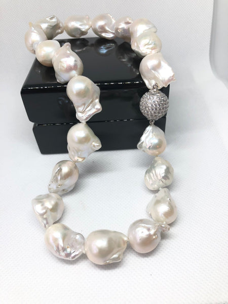 Freshwater white baroque pearl necklace with sterling silver cz studded screw clasp