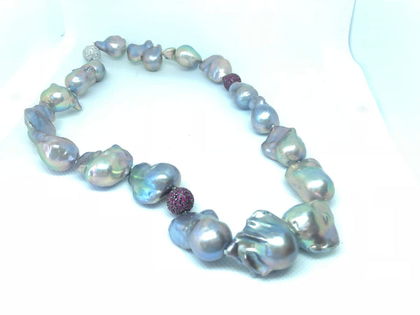 Silver Grey Freshwater Baroque Pearl Necklace with Ruby Studded Beads