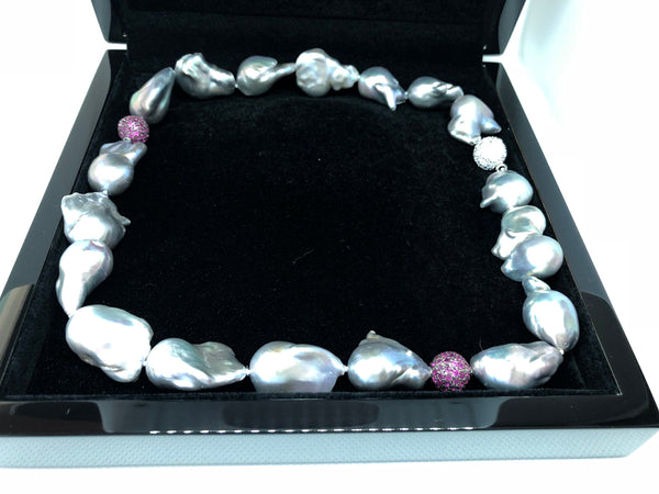 Silver Grey Freshwater Baroque Pearl Necklace with Ruby Studded Beads