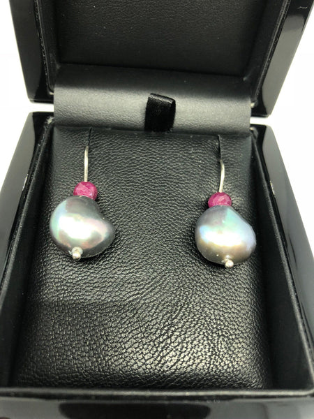 Natural silver/grey Freshwater Baroque Pearl earrings in Ruby and 9kt White Gold Hand forged earwires