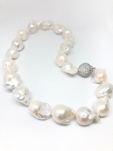 Freshwater white baroque pearl necklace with sterling silver cz studded screw clasp
